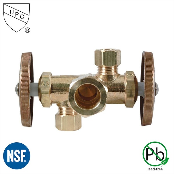 Thrifco Plumbing 5/8 In. Comp x 3/8 Inch Comp x 3/8 Inch Comp Dual Outlet & Dual Shut Off Multi-Turn Angle Stop Valve 4405691 - main